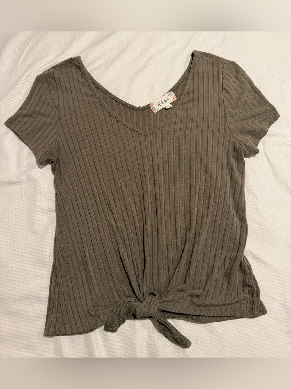 Pink Rose Olive Green Ribbed V-Neck Tie-Front Short Sleeve Top